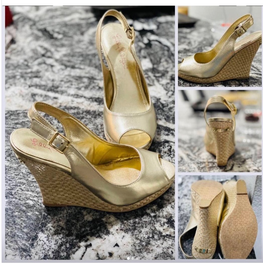 Lilly Pulitzer gold wedge EUC sandals
